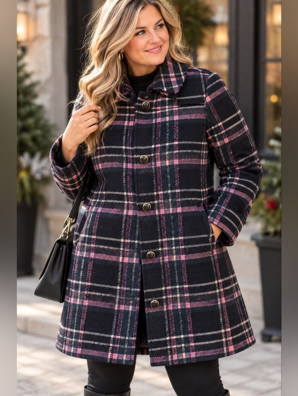 Kate Spade New York Plaid Wool Blend Coat Pink Navy Women's Designer Coat - Picture 12 of 16